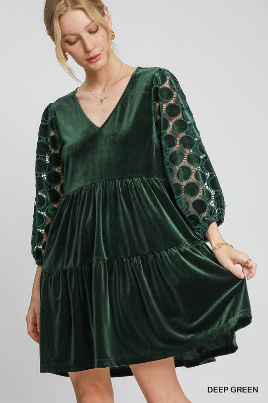 Tiered Velvet Three Quarter Dress