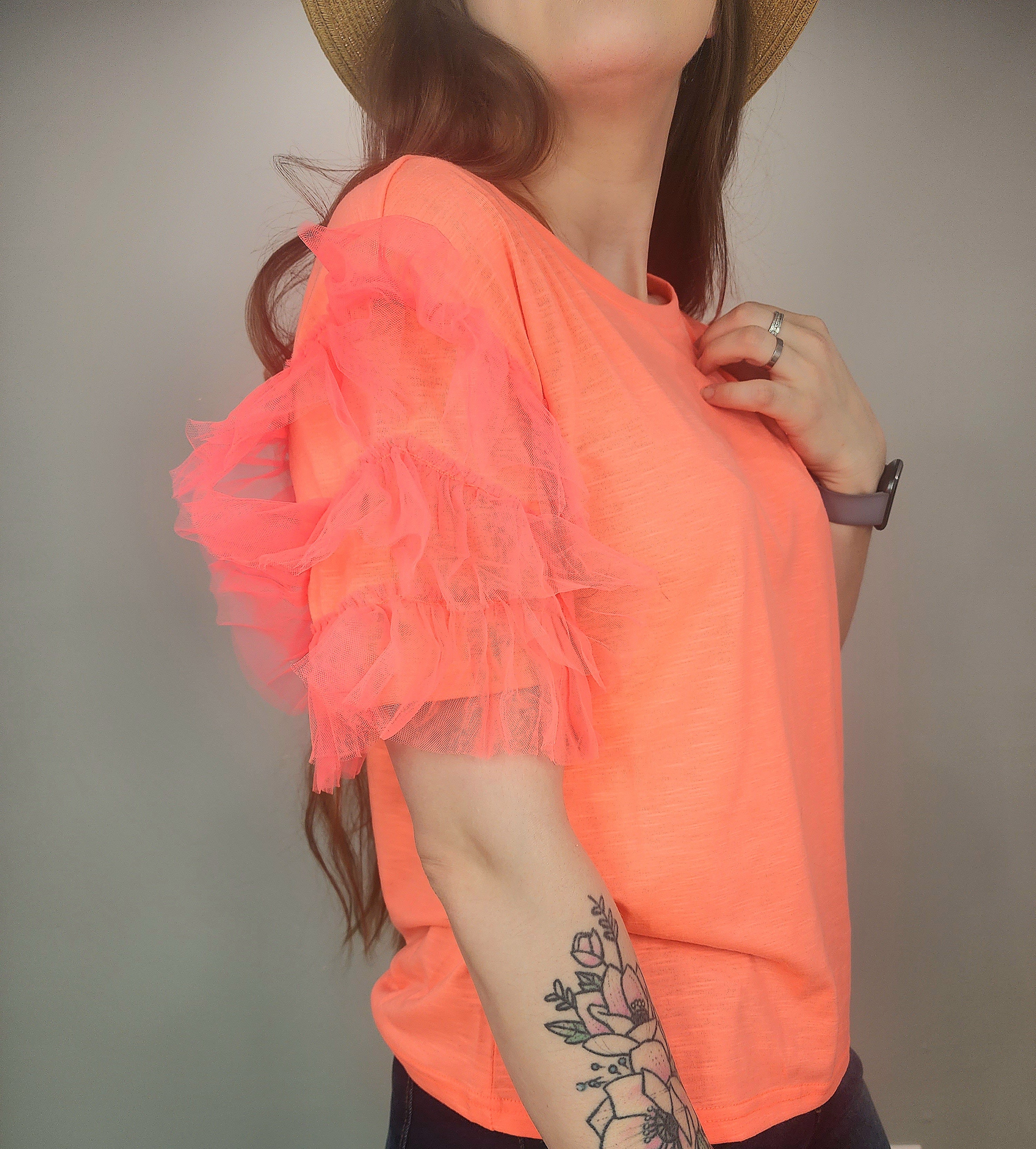 Mesh Lace Ruffle Sleeve Knit Top