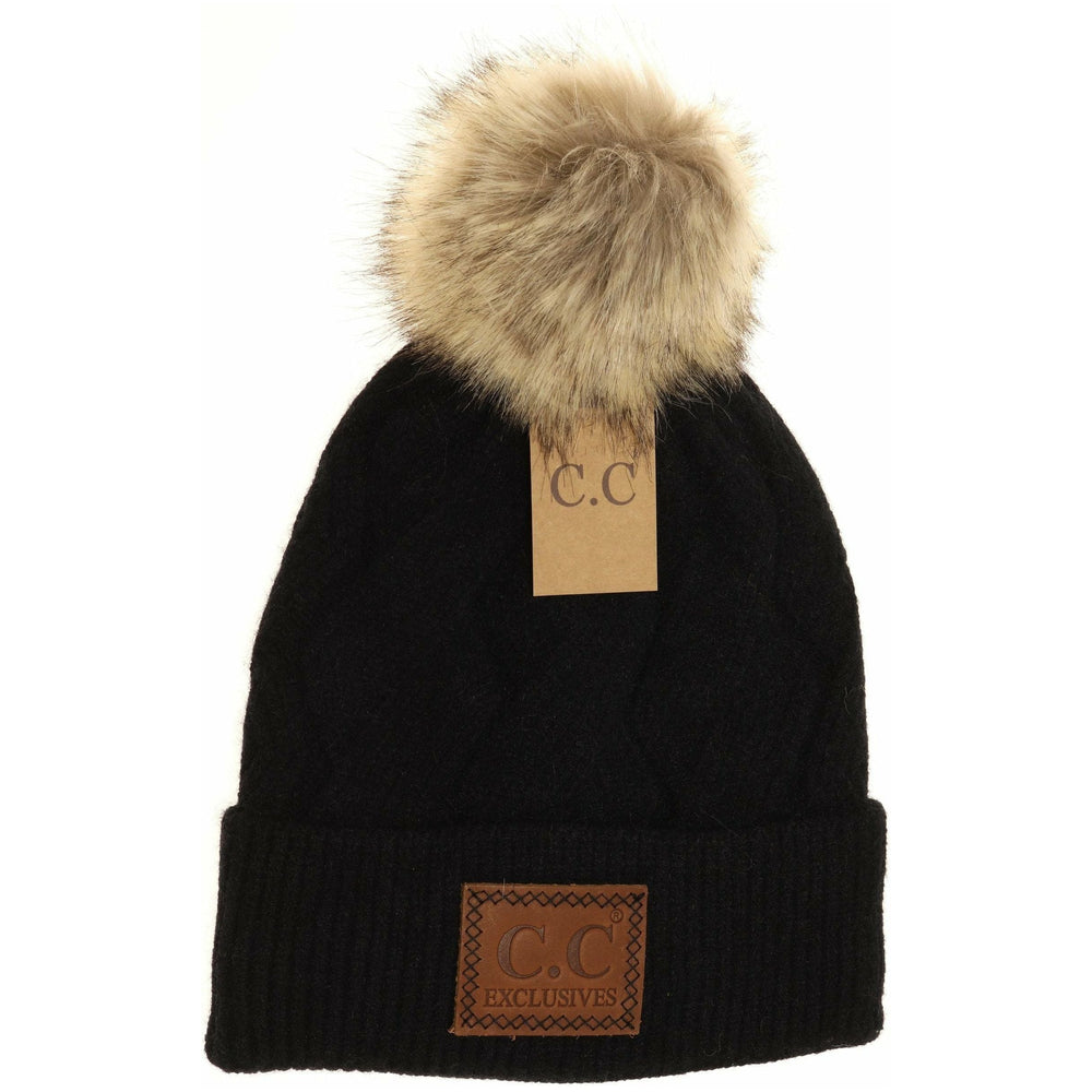 CC Geometric Knit Faux Fur Pom Beanie