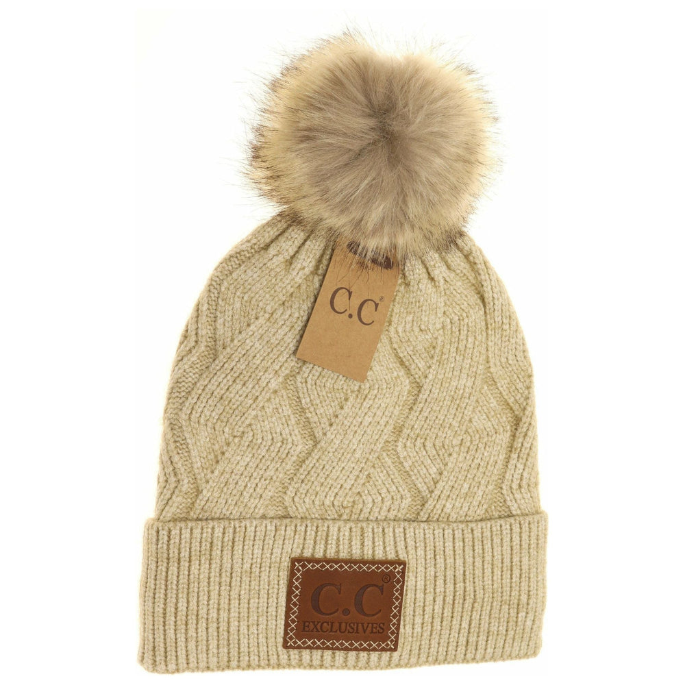 CC Geometric Knit Faux Fur Pom Beanie