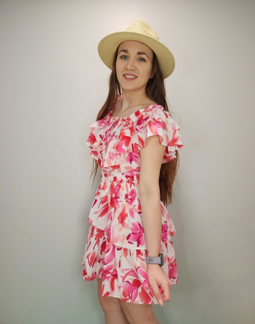 Tiered Ruffled Neckline Floral Dress