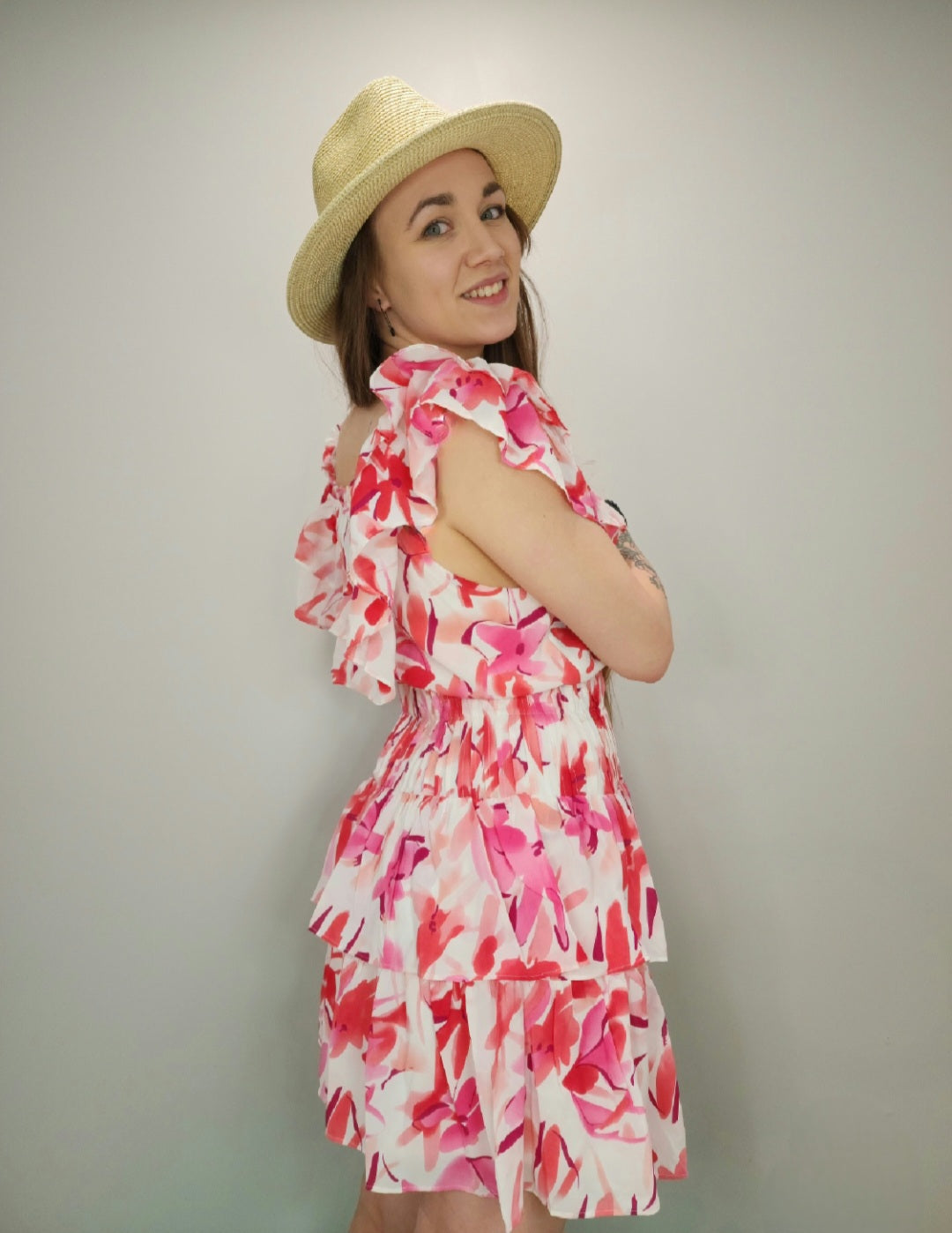 Tiered Ruffled Neckline Floral Dress