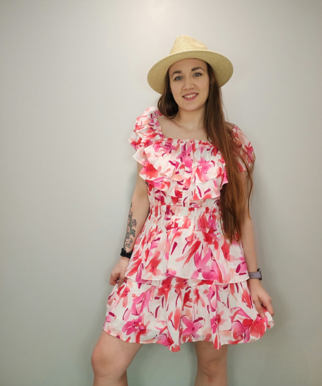 Tiered Ruffled Neckline Floral Dress