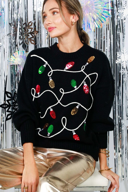 Christmas Light Sequin Detail Embroidered Sweater