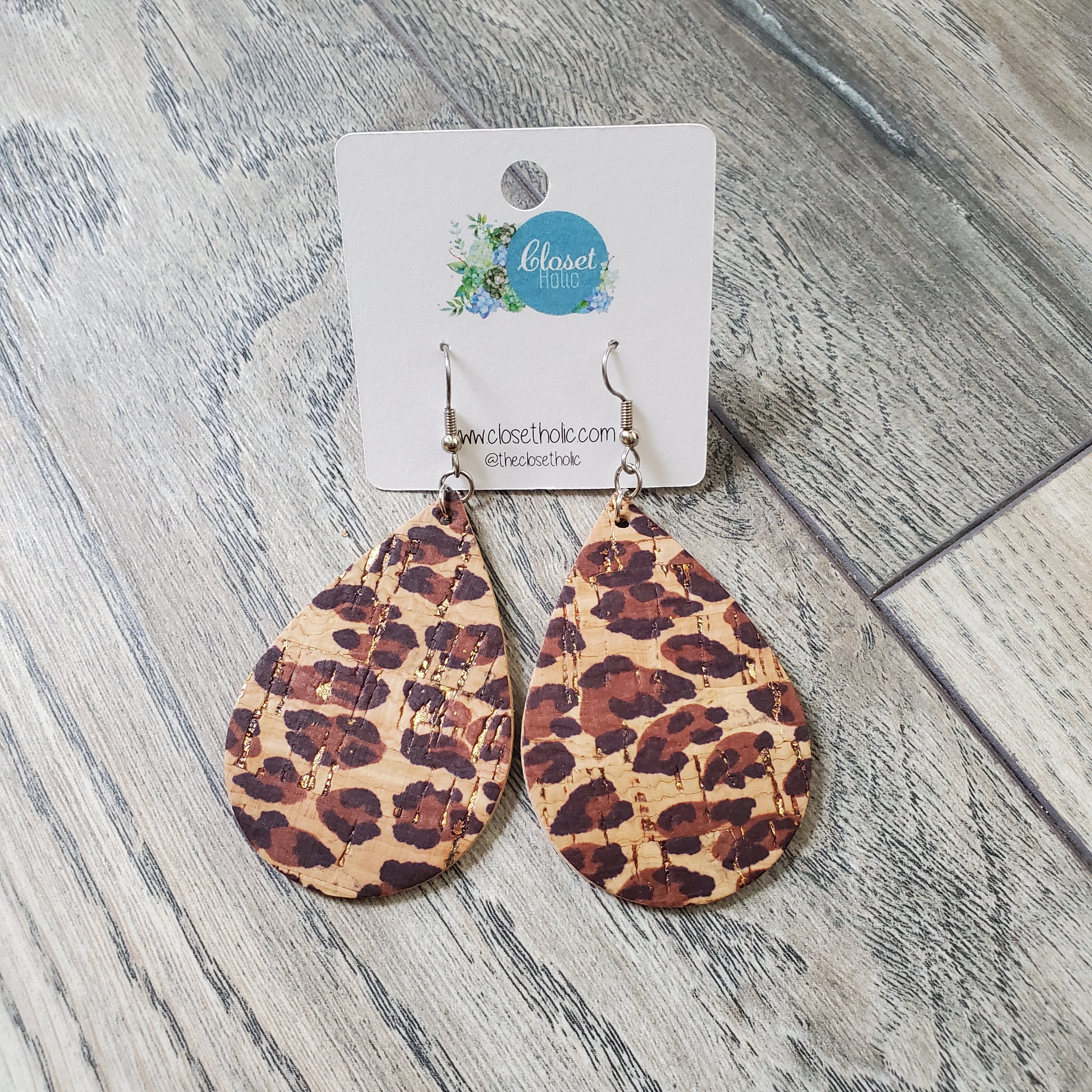 Leopard Print Cork Leather Teardrop Earrings