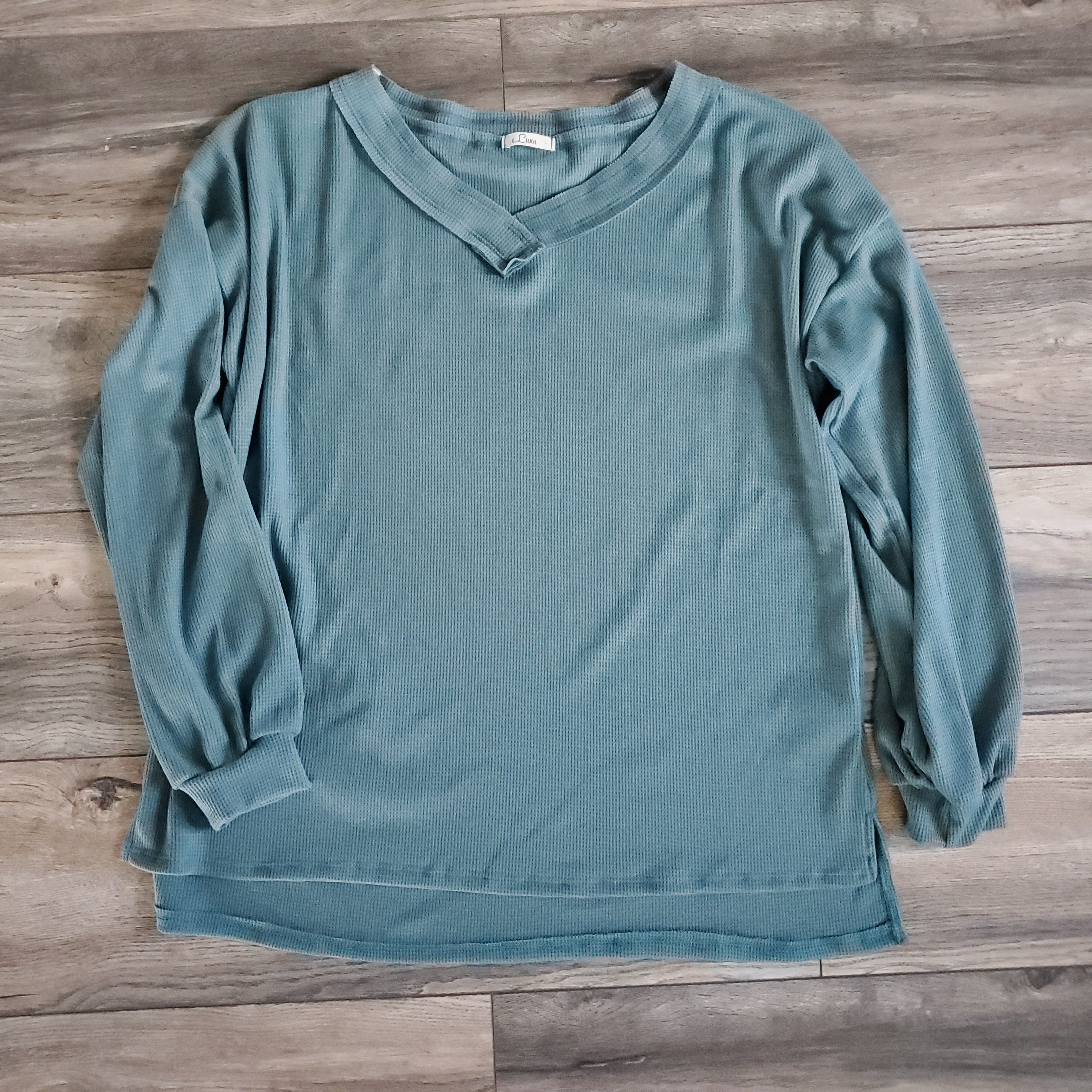 Solid Waffle Cut Edge V-Neck Top