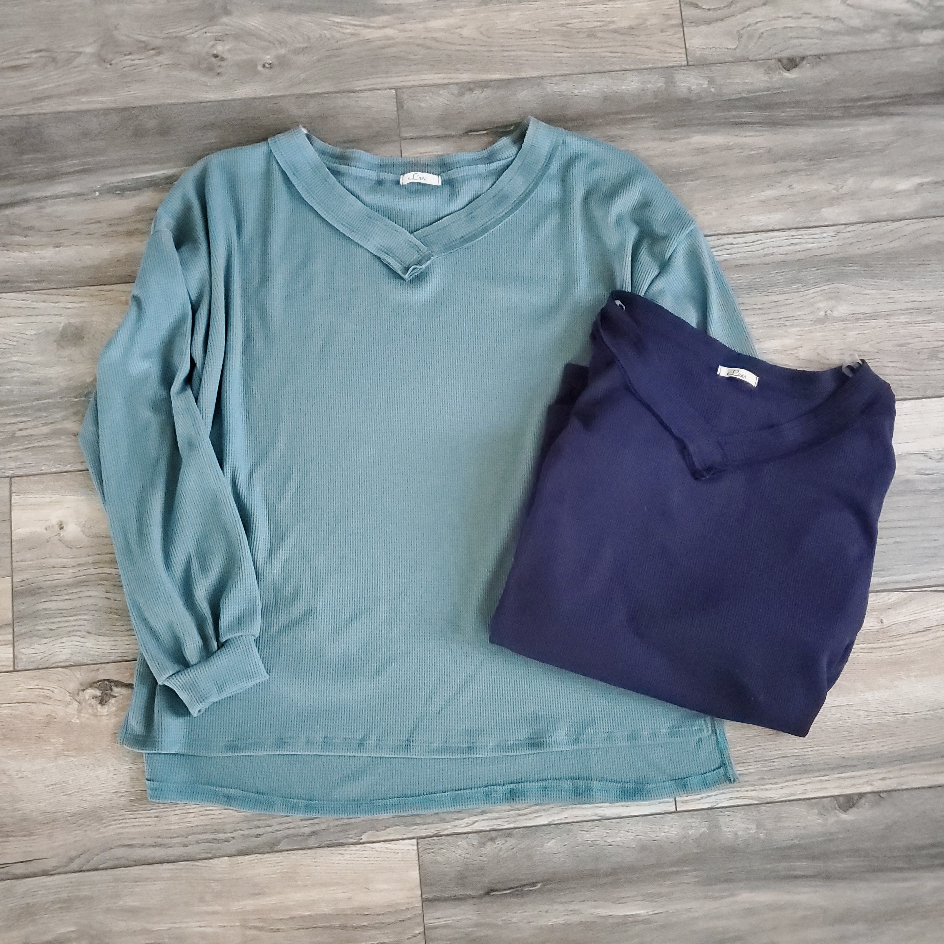 Solid Waffle Cut Edge V-Neck Top