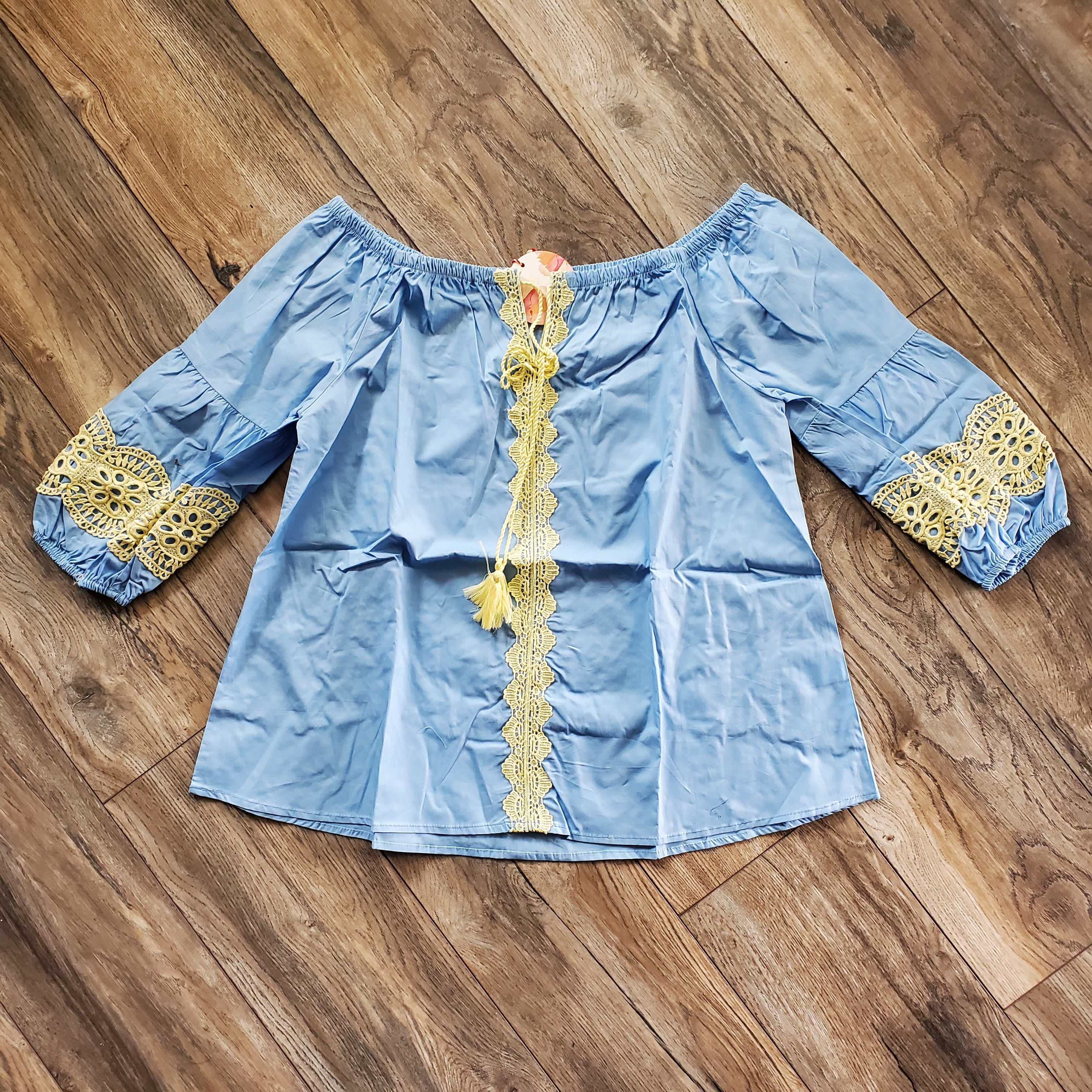 Puff Sleeve Crochet Trim Top