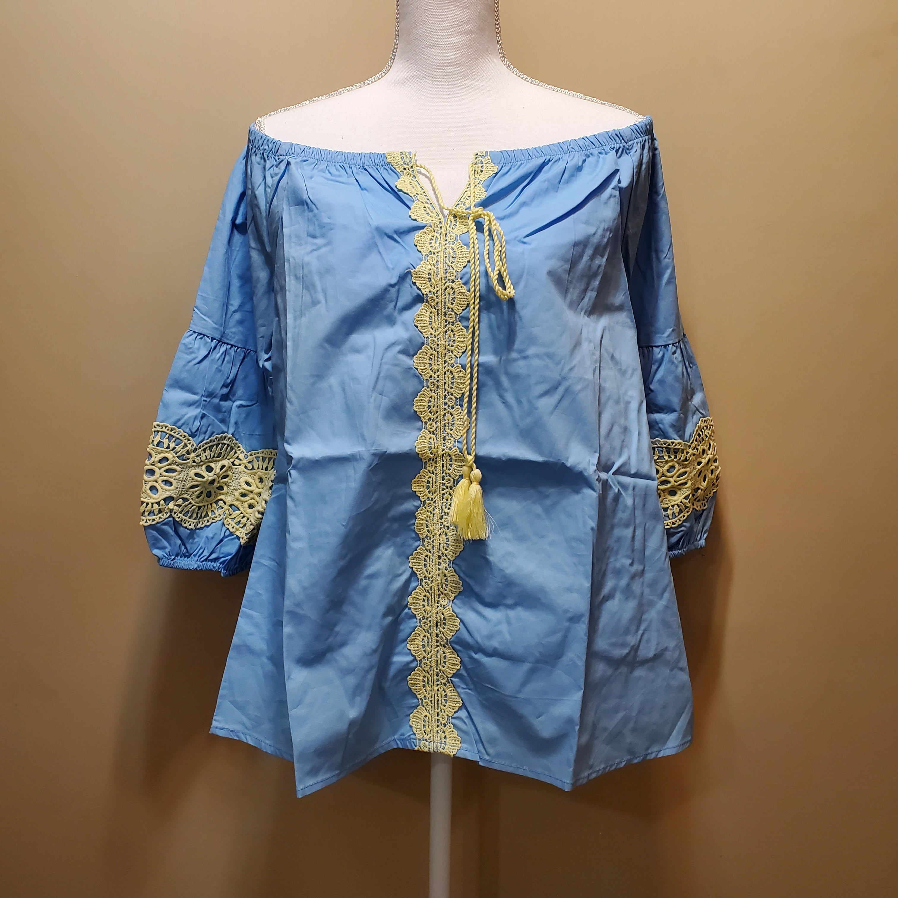 Puff Sleeve Crochet Trim Top