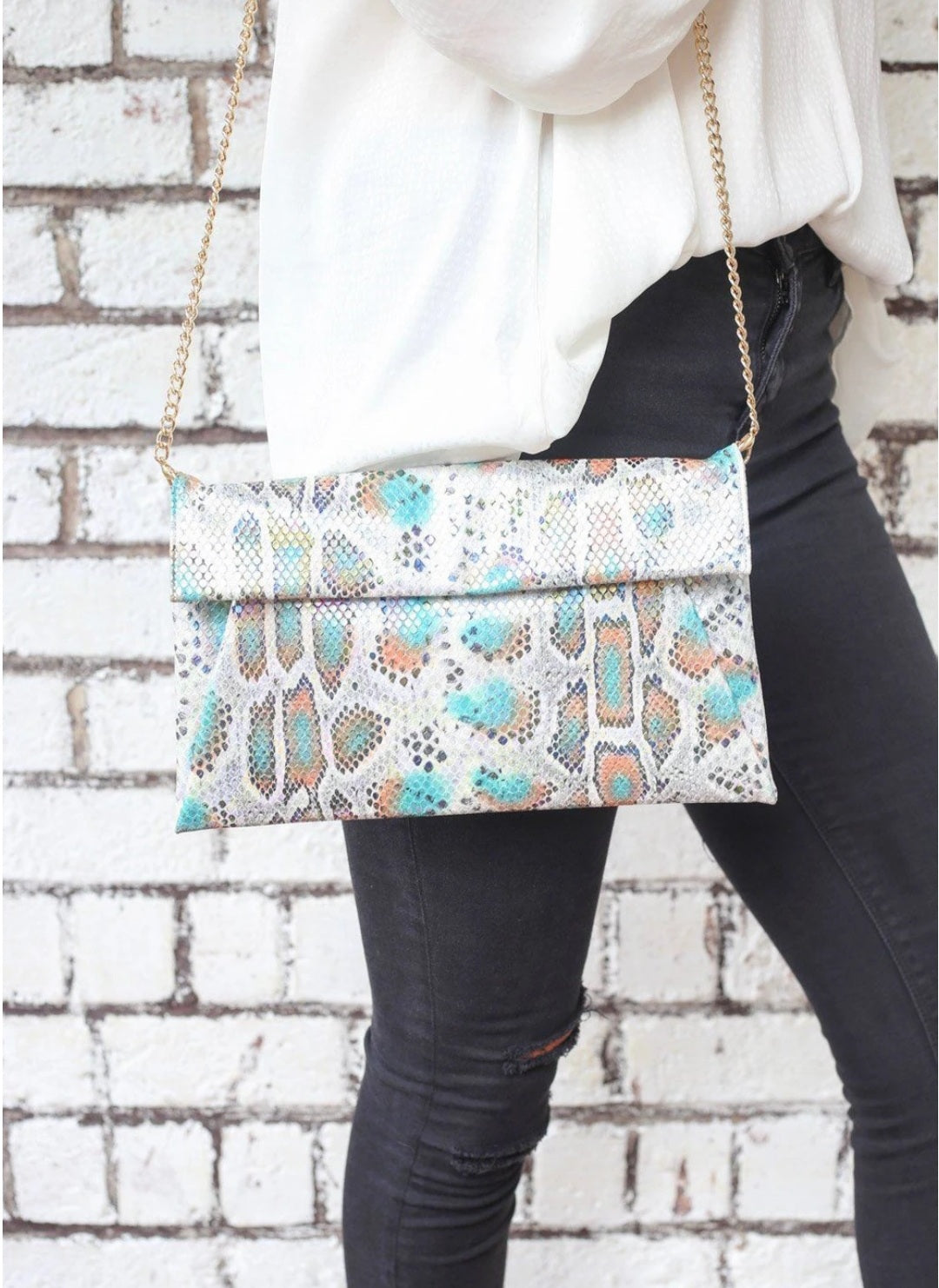 Multi Hologram Snake Flate Envelope Crossbody