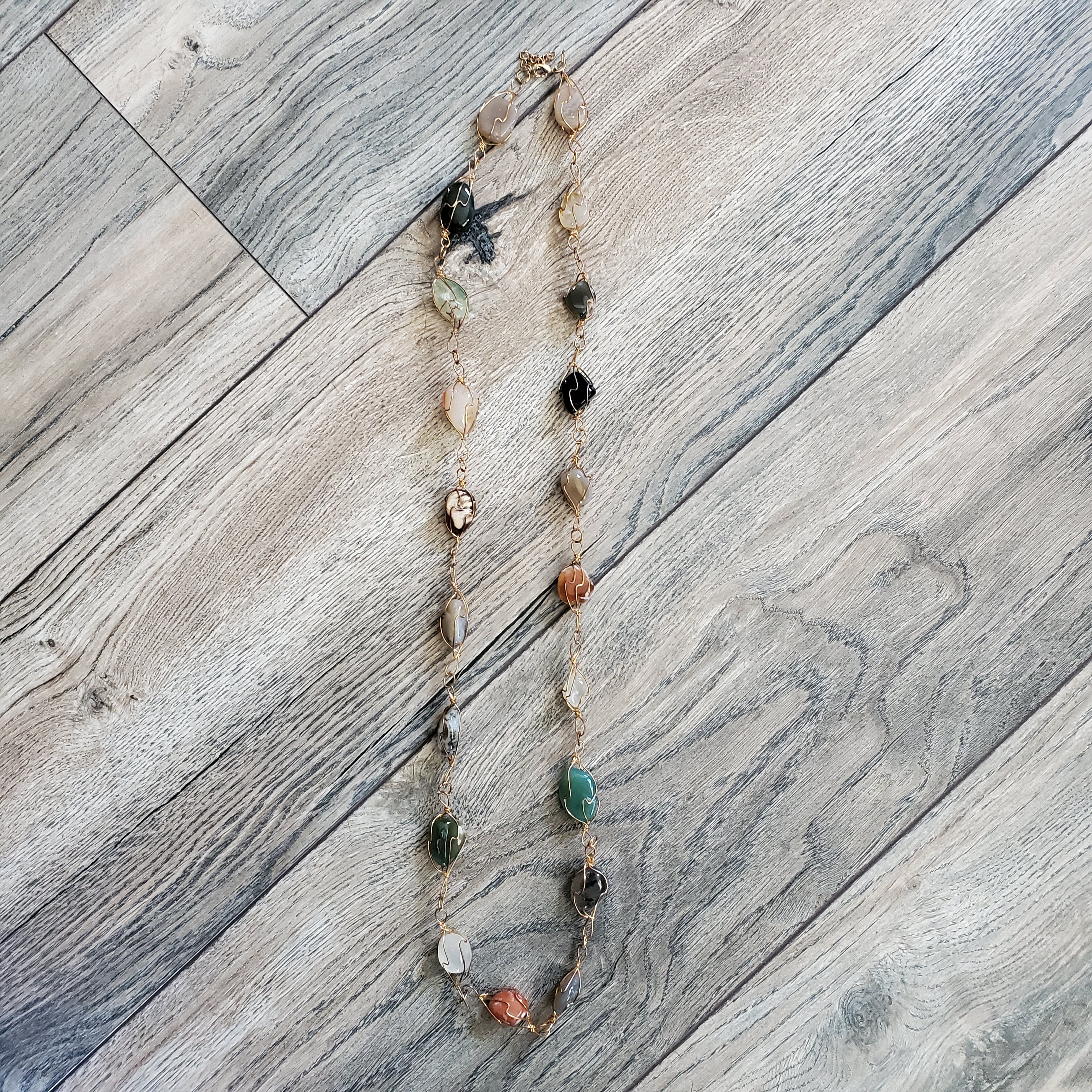 Long Polished Stone & Wire Necklace