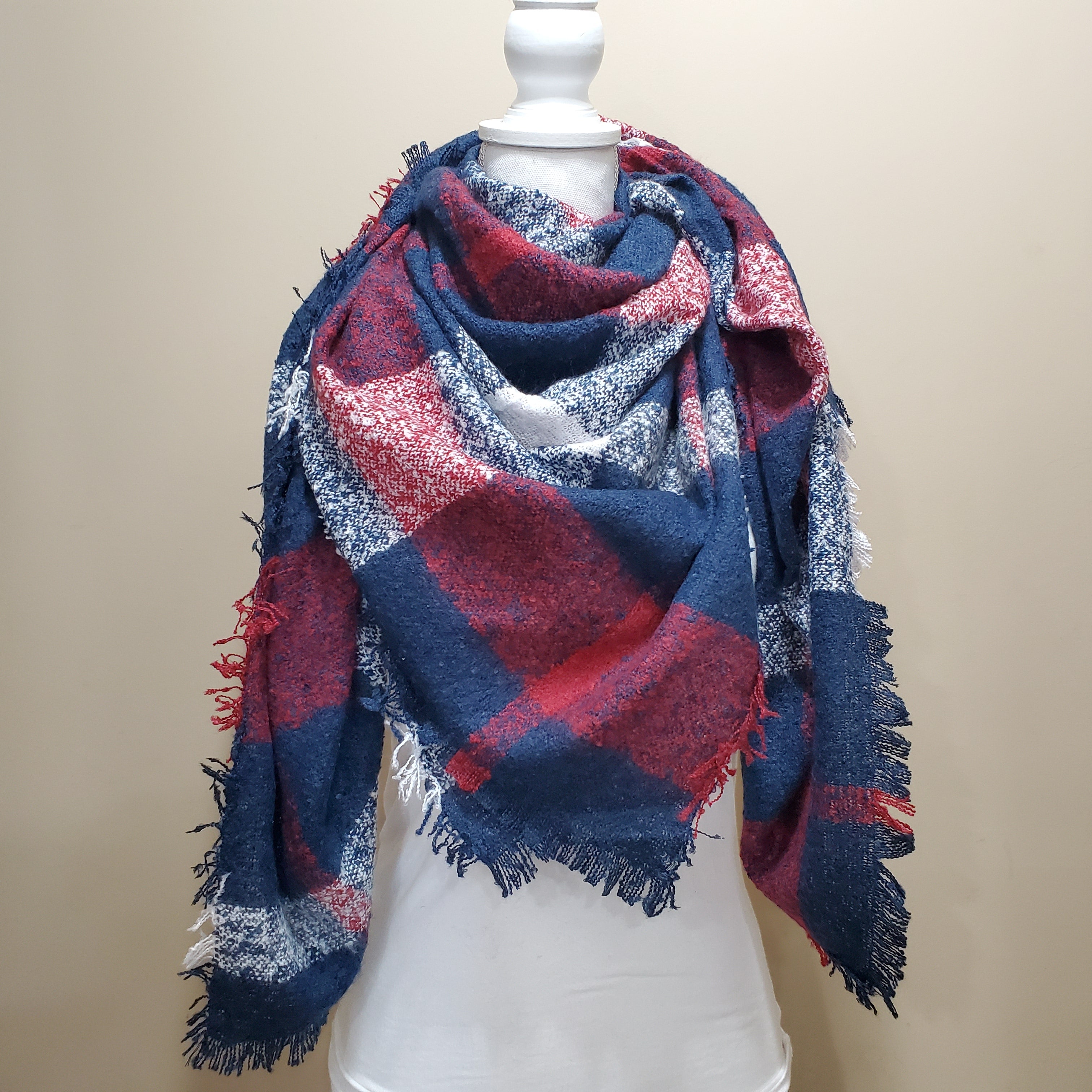 Blanket Scarf - Navy/Red Block