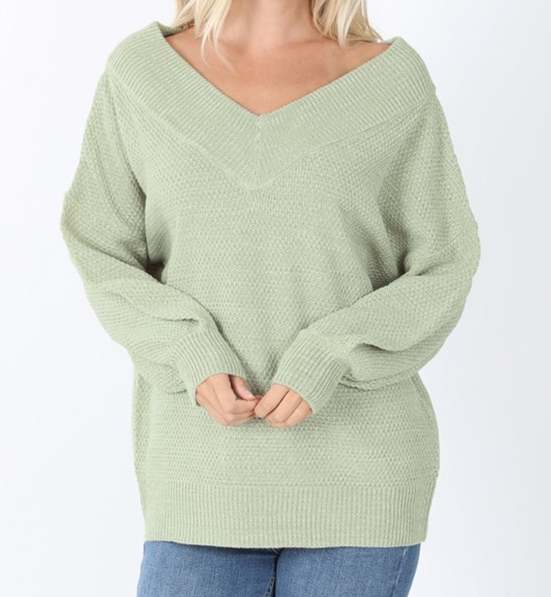 Balloon Sleeve Wide Double V-Neck Sweater