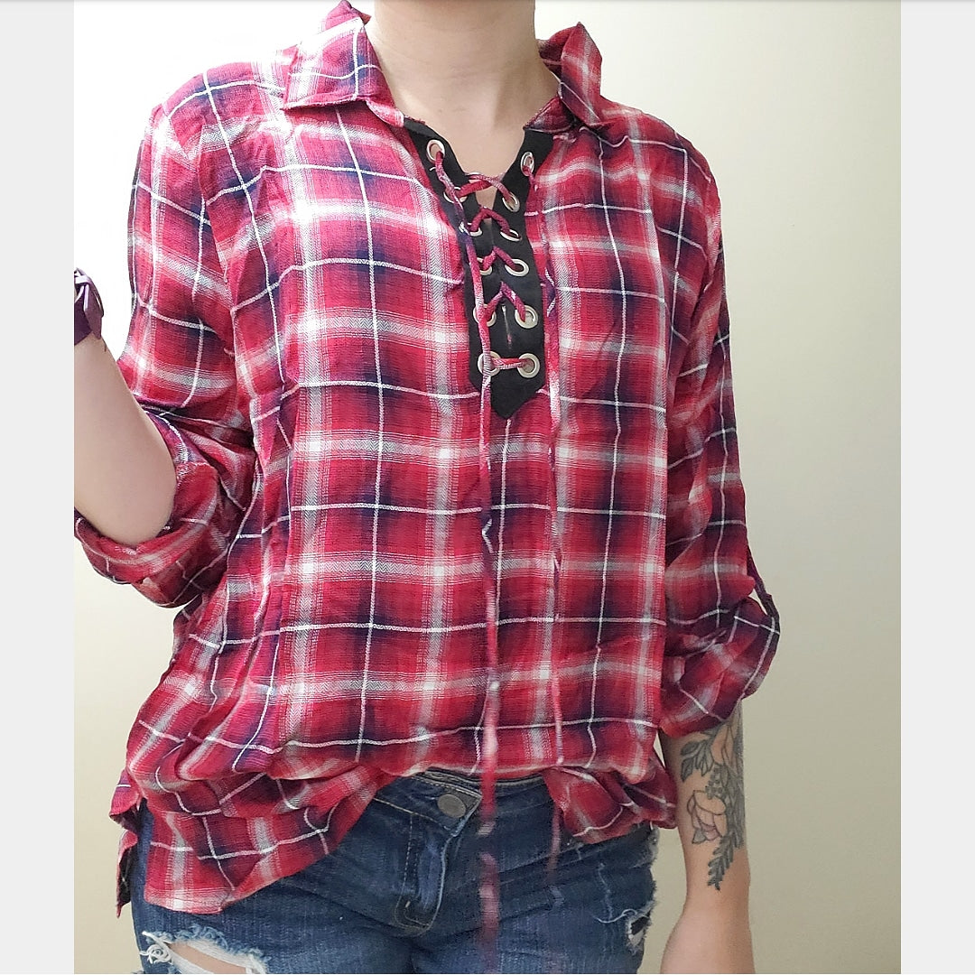 Plaid Lace Up Top