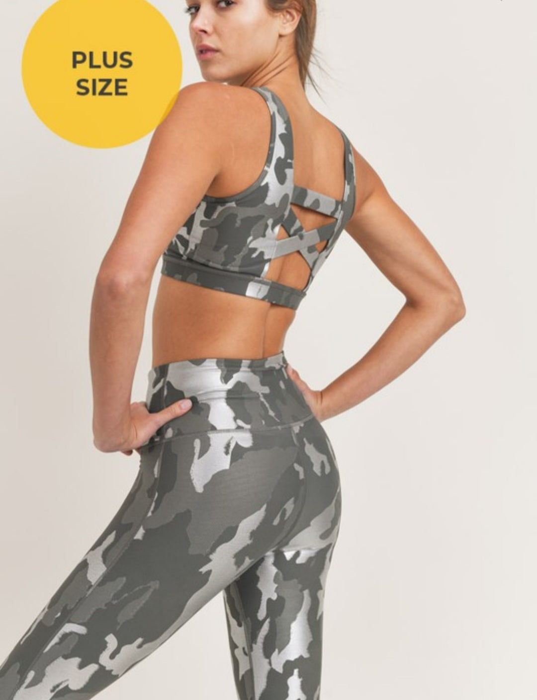 + Silver Foil Camo Criss Cross Strap Sports Bra