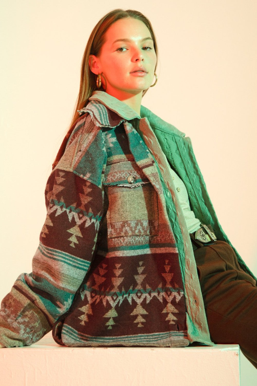 Mint Mix Aztec Button Down Shacket