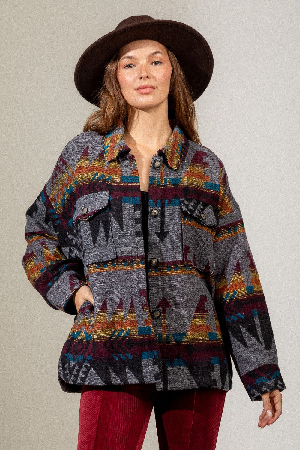 Black Mix Aztec Button Down Shacket