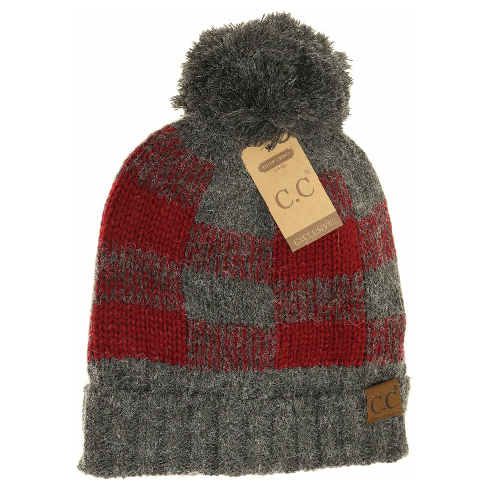 CC Fuzzy Lined Buffalo Check Pom Beanie