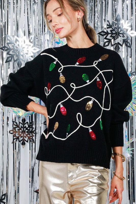 Christmas Light Sequin Detail Embroidered Sweater