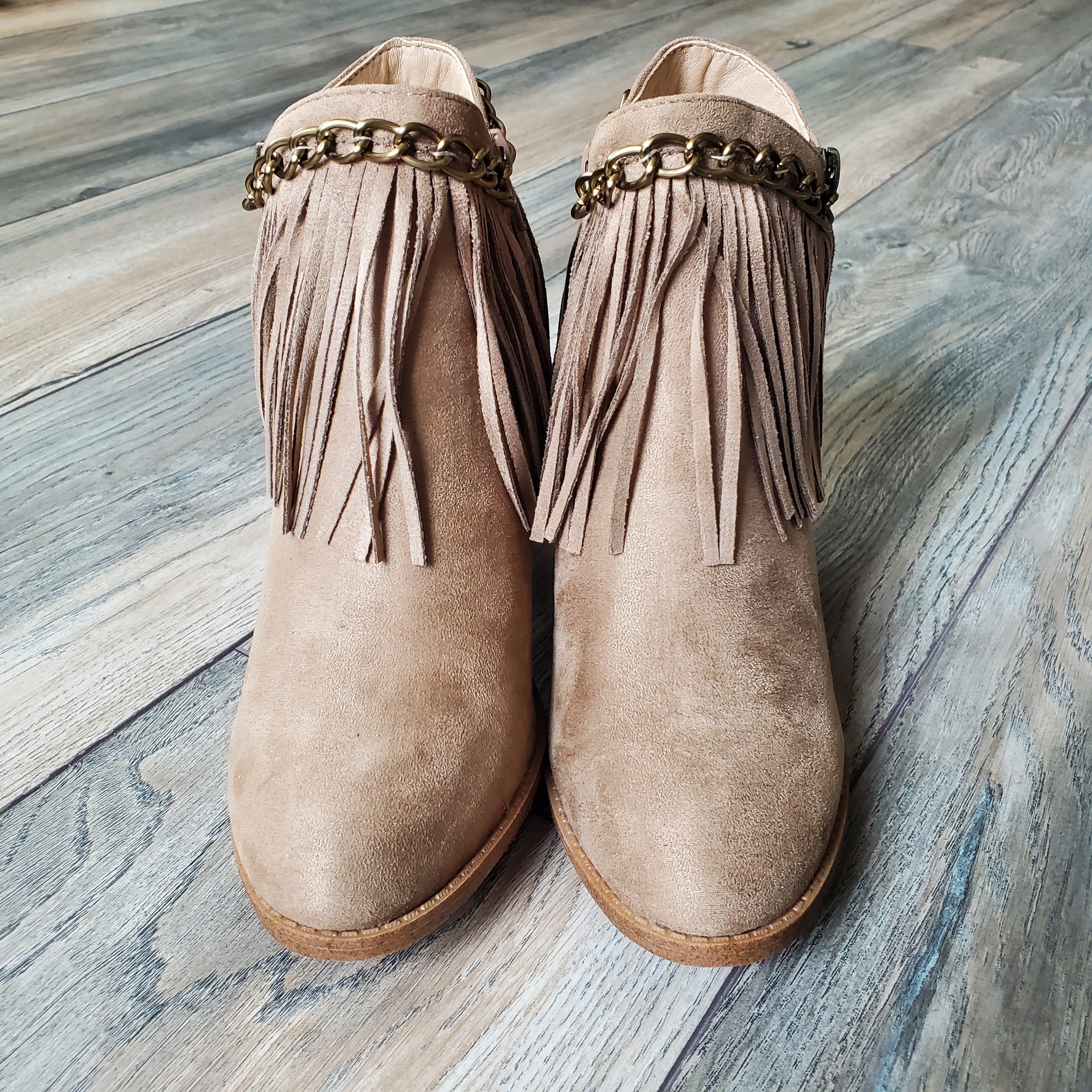 Taupe Heeled Fringe Cuff Booties