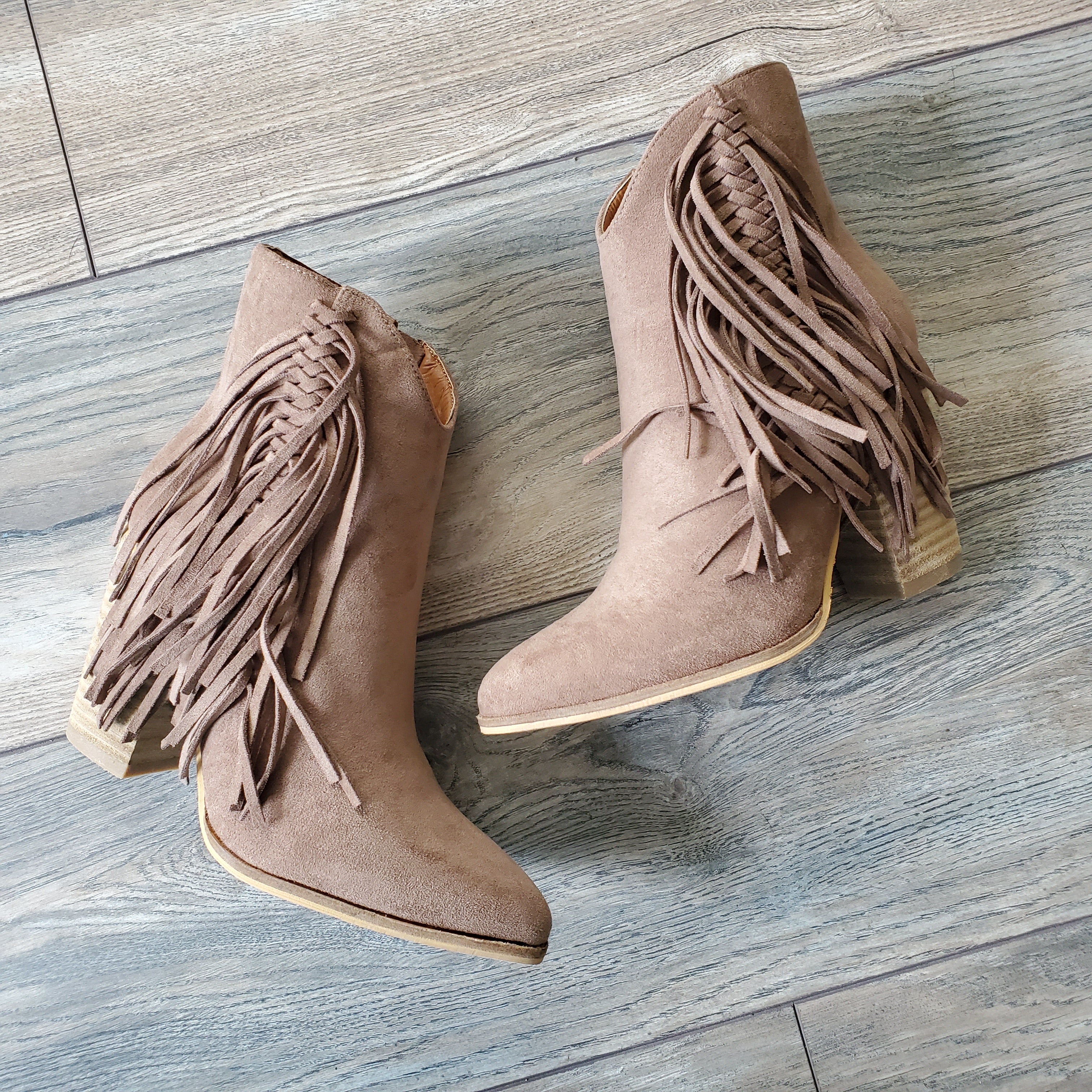 Taupe hot sale fringe booties