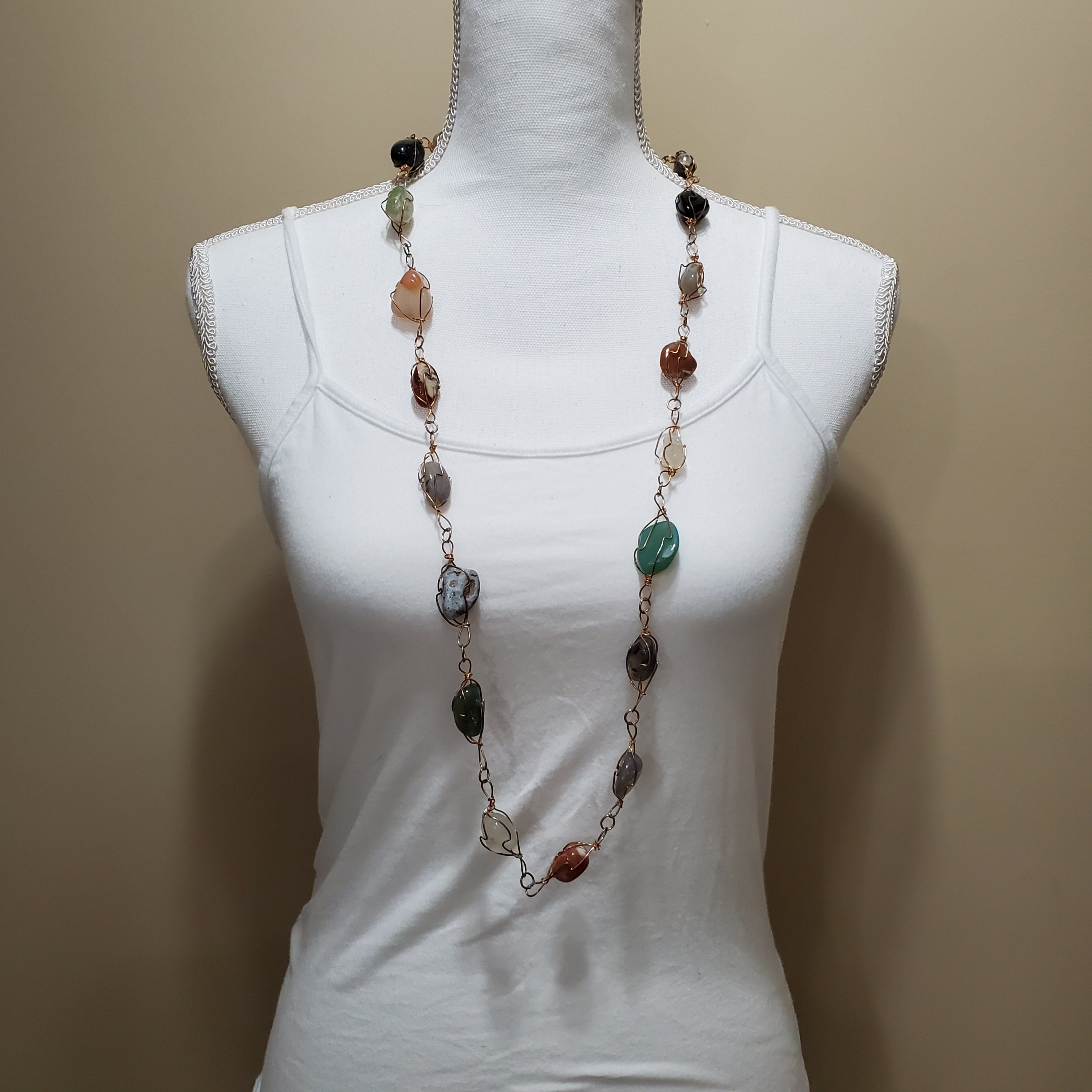 Long Polished Stone & Wire Necklace