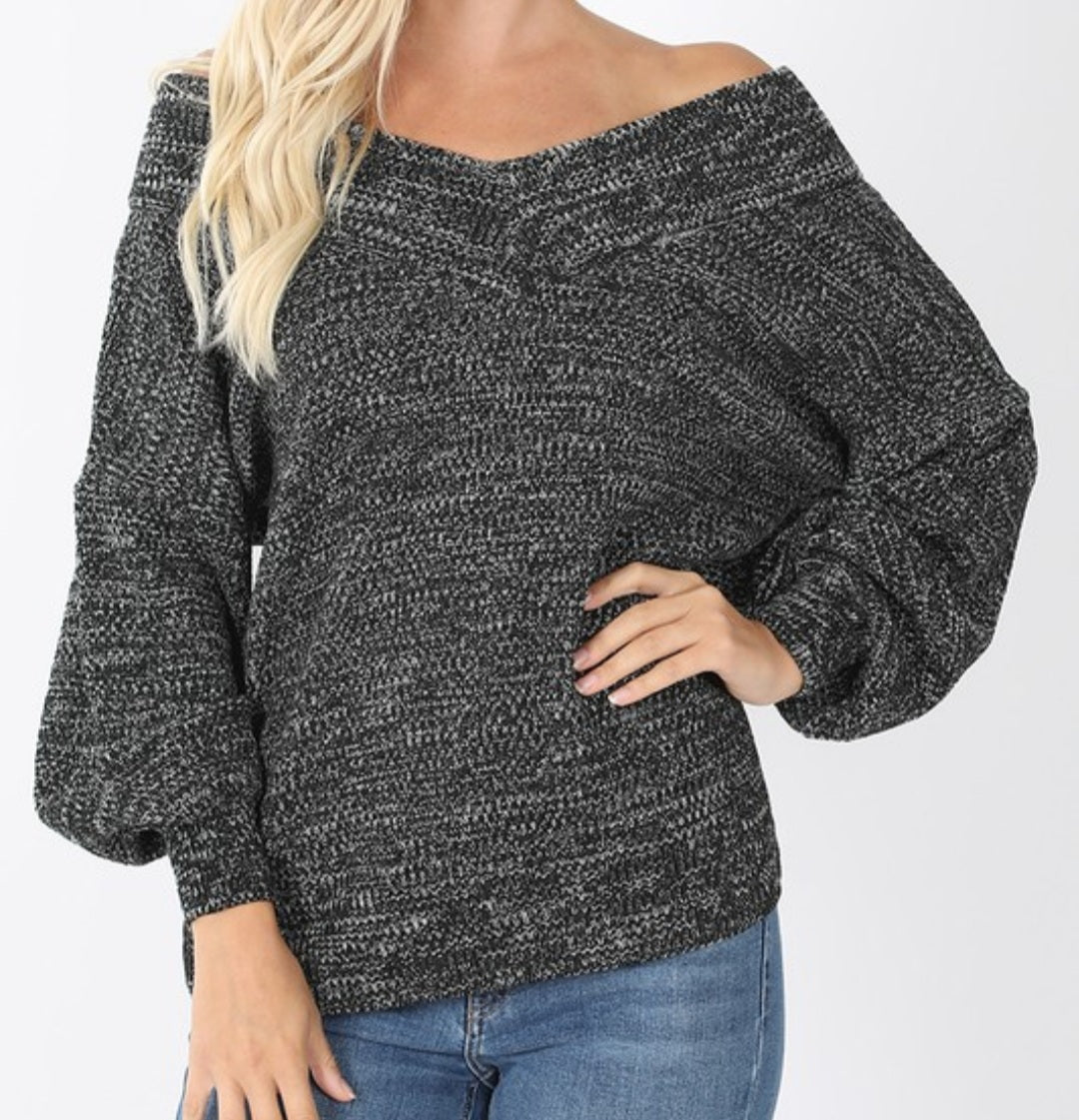 Balloon Sleeve Wide Double V-Neck Sweater