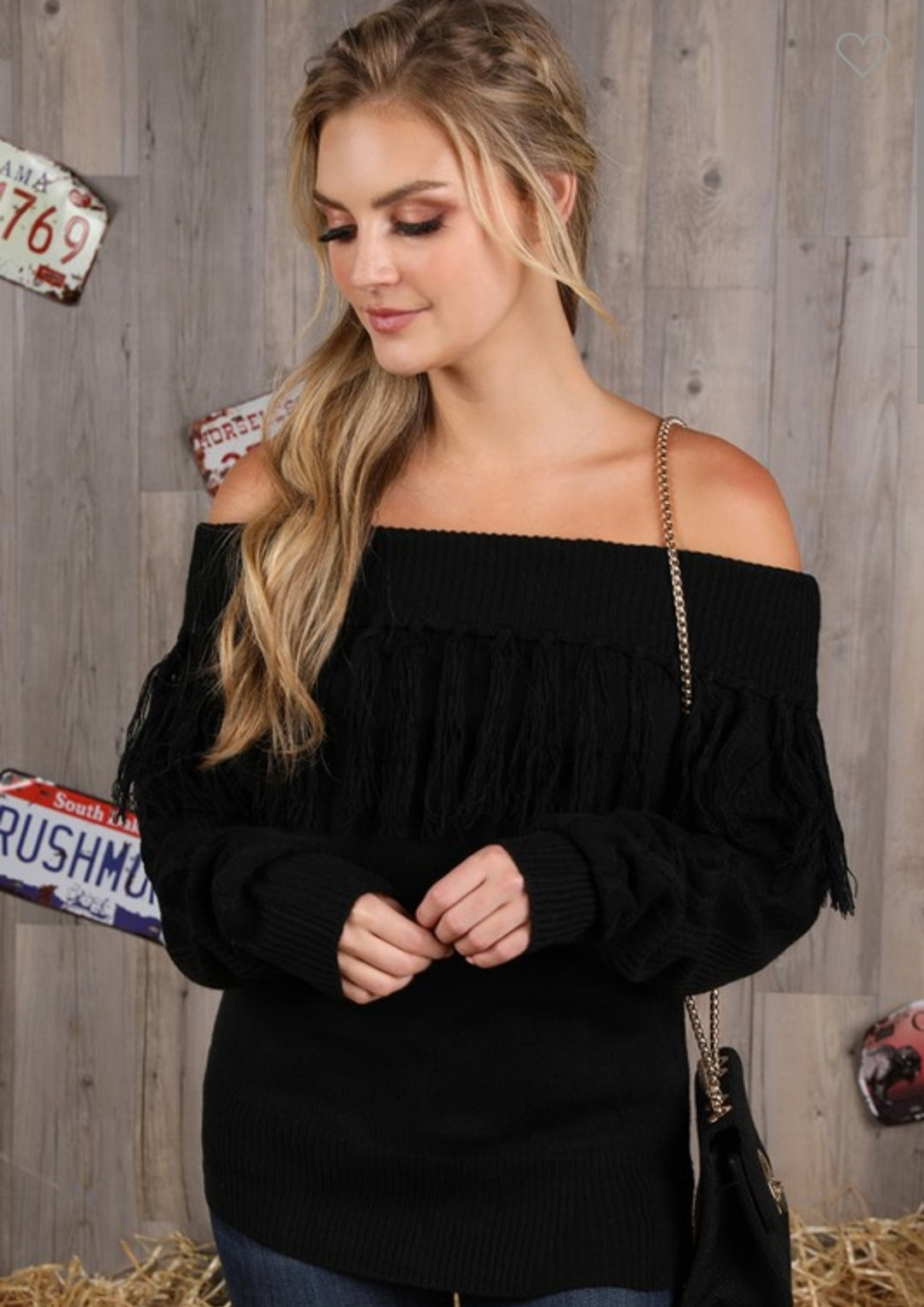 Off the outlet shoulder fringe sweater